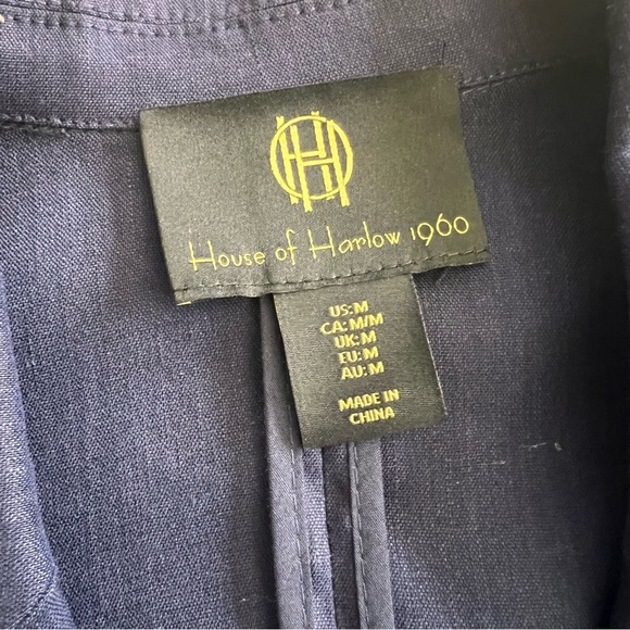 House Of Harlow Cropped Linen Blend Navy Blue Double Breasted Blazer Size Medium - Picture 2 of 8